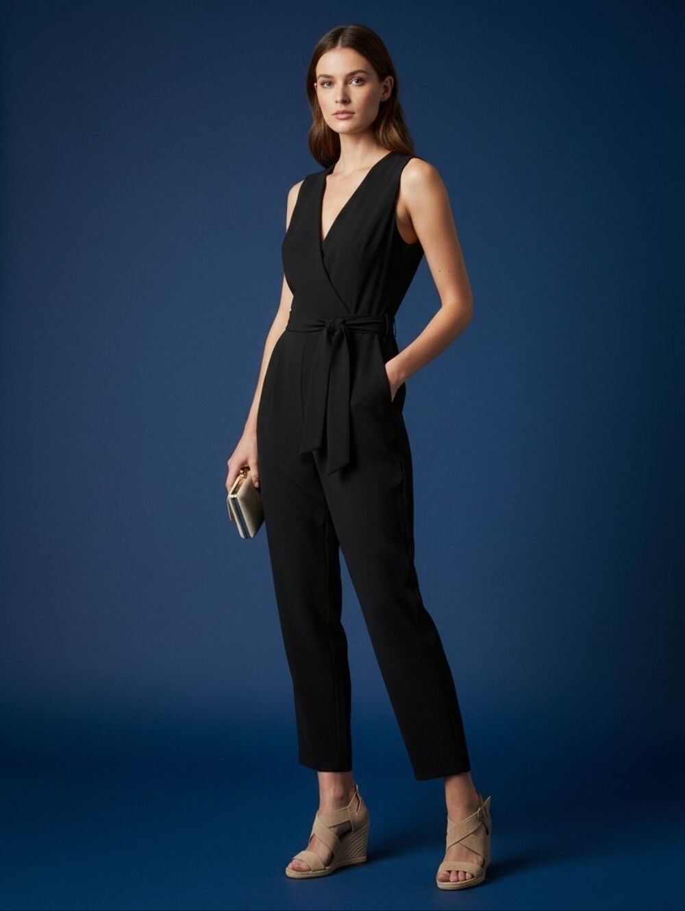 Women's Jennifer Lopez Black Sleeveless V-Neck Jumpsuit with Tie Belt Black, XXL